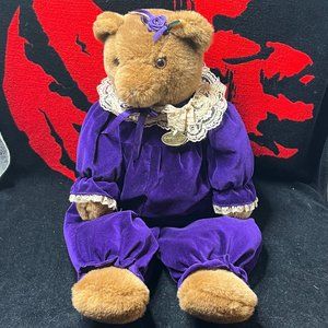 Teddy Bear "Sitting" Plush in Purple Pant Suit. Very Good Condition.